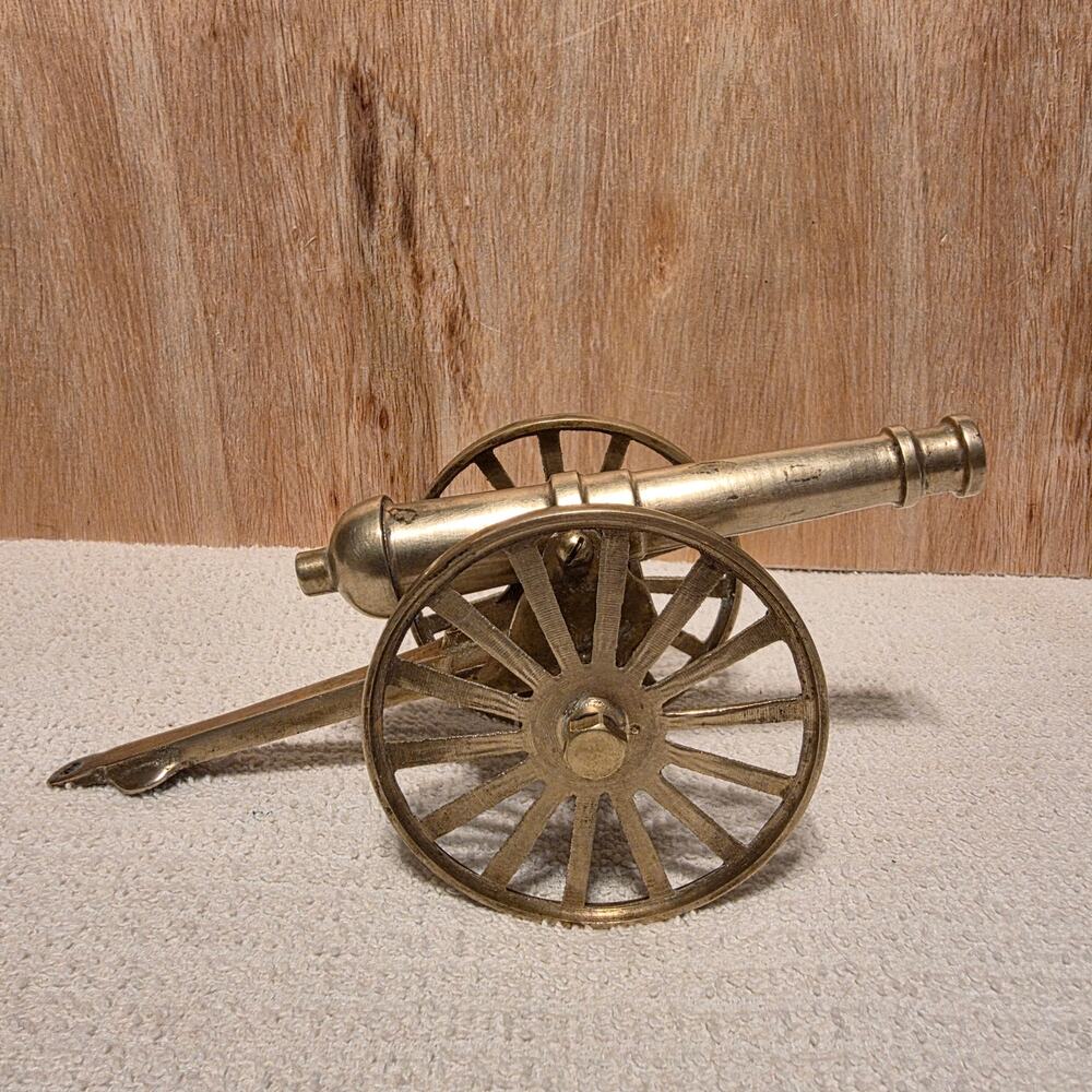Vintage 8" Solid Brass Miniature Cannon with Carriage moving wheels civil